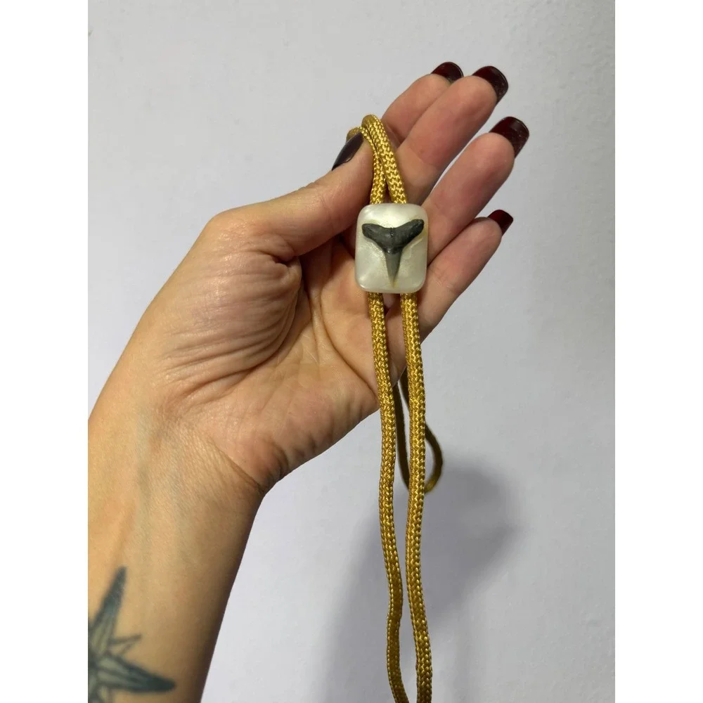 Vintage Shark Tooth Bolo Tie Gold Braided Cord Western Coastal Boho Accessory